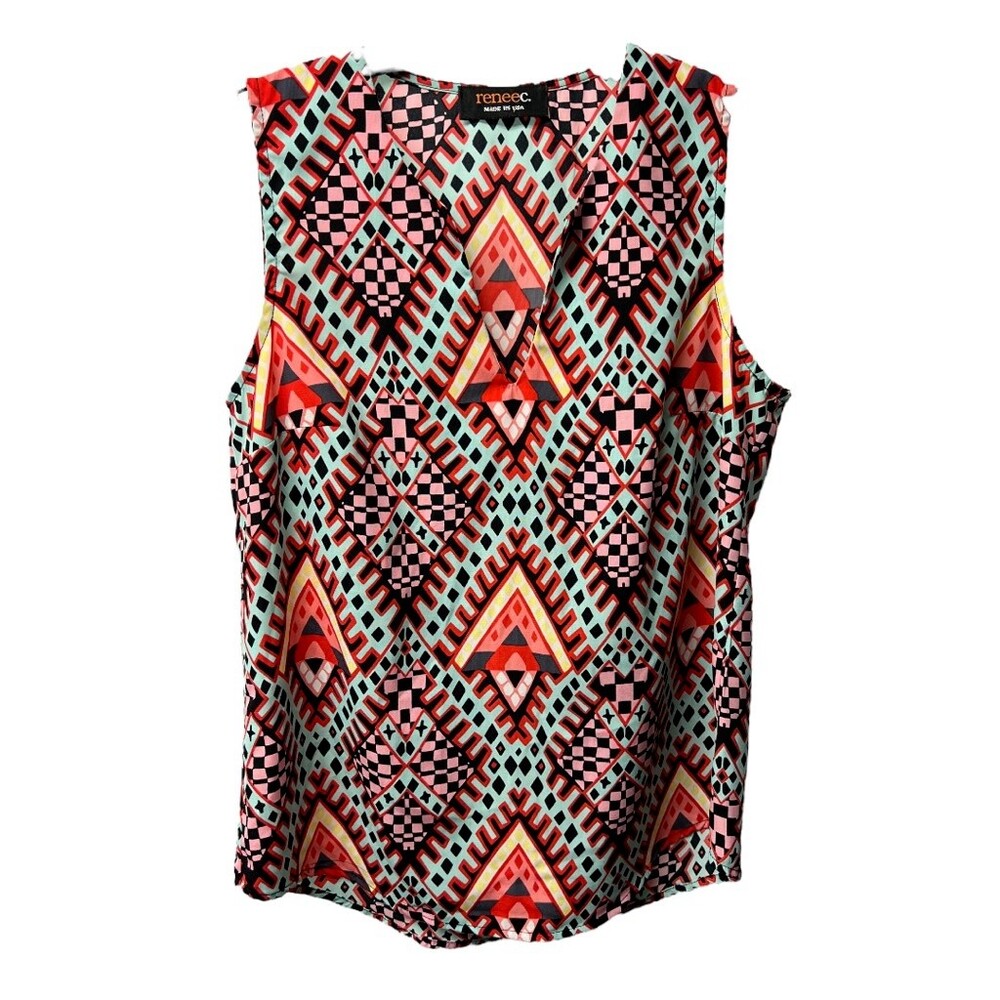 Renee C. Womens Tank Top Multicolor Geometric Sleeveless Notch Neck USA M